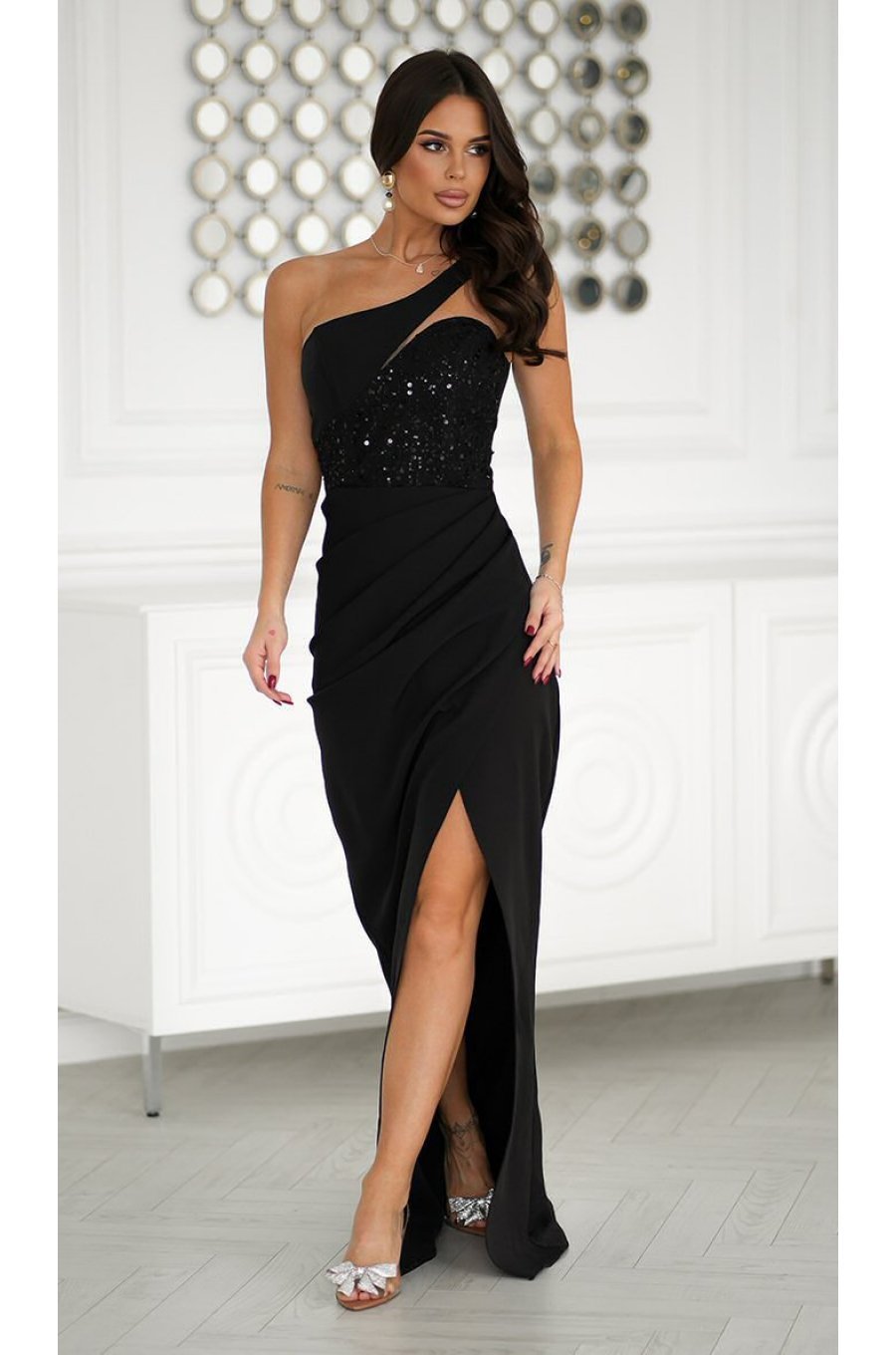 Rochie de ocazie eleganta lunga neagra cu paiete pe bust Extravaganza 1 - jojofashion.ro