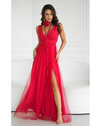 Rochie lunga eleganta rosie din tulle vaporoasa cu floare decorativa Dyandra Rochii lungi, Rochie lunga eleganta rosie din tulle vaporoasa cu floare decorativa Dyandra - jojofashion.ro