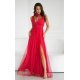Rochie lunga eleganta rosie din tulle vaporoasa cu floare decorativa Dyandra 2 - jojofashion.ro