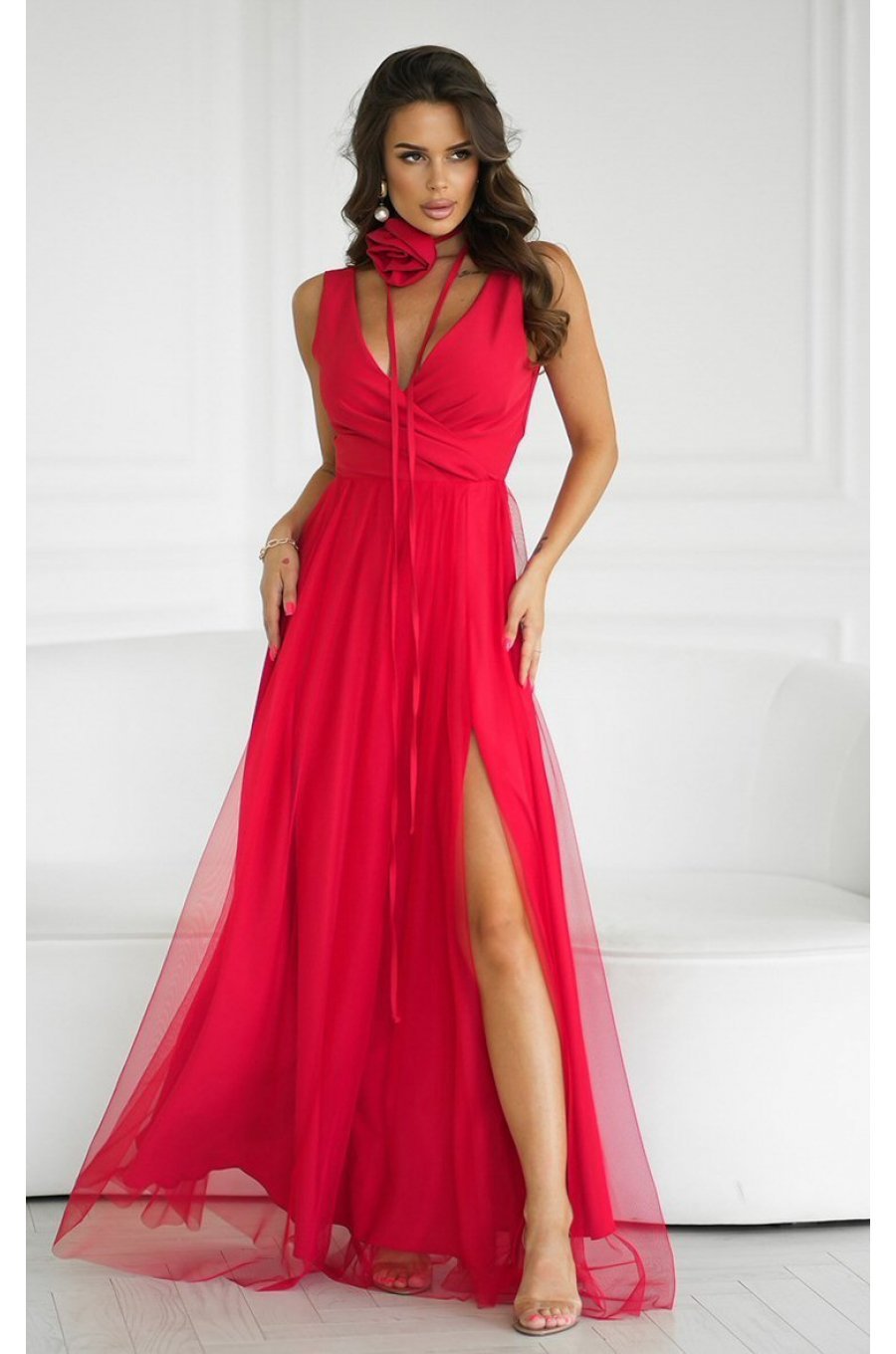 Rochie lunga eleganta rosie din tulle vaporoasa cu floare decorativa Dyandra 1 - jojofashion.ro