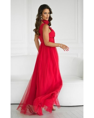 Rochie lunga eleganta rosie din tulle vaporoasa cu floare decorativa Dyandra Rochii lungi, Rochie lunga eleganta rosie din tulle vaporoasa cu floare decorativa Dyandra - jojofashion.ro
