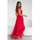 Rochie lunga eleganta rosie din tulle vaporoasa cu floare decorativa Dyandra 3 - jojofashion.ro