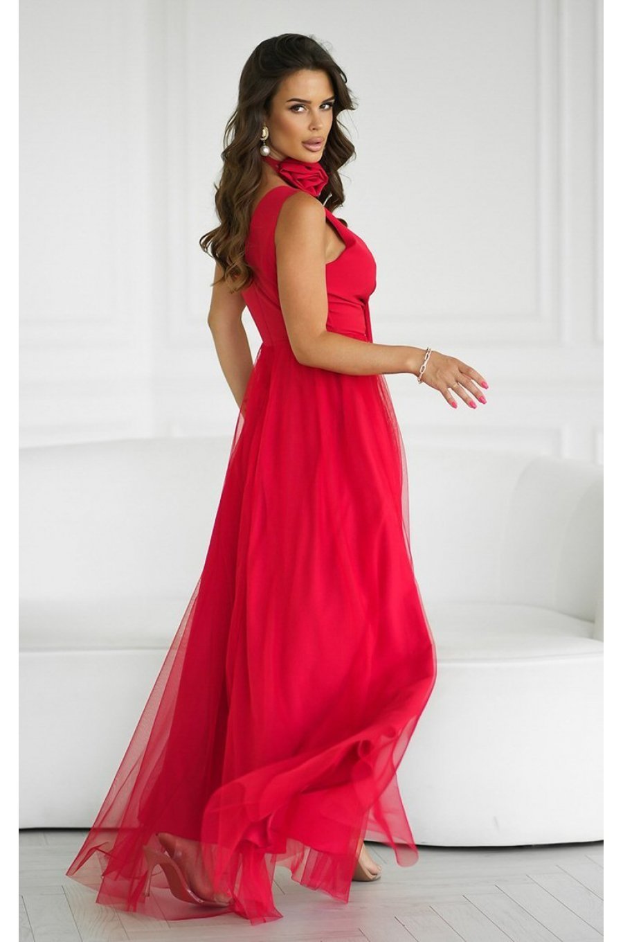 Rochie lunga eleganta rosie din tulle vaporoasa cu floare decorativa Dyandra 2 - jojofashion.ro