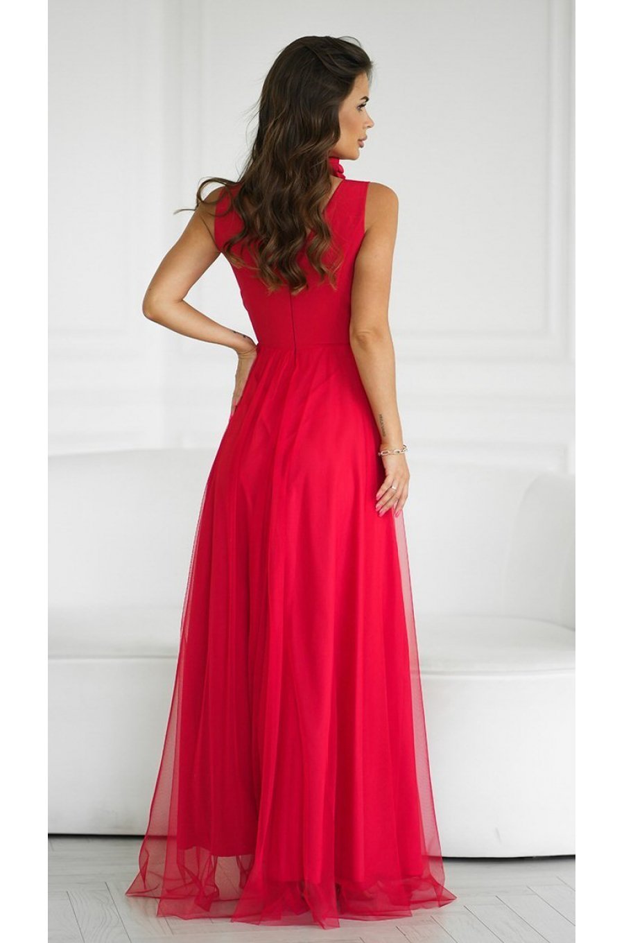 Rochie lunga eleganta rosie din tulle vaporoasa cu floare decorativa Dyandra 3 - jojofashion.ro