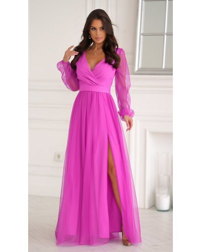 Rochie eleganta lunga roz bishop din tulle cu maneca lunga SplendorB Rochii lungi, Rochie eleganta lunga roz bishop din tulle cu maneca lunga SplendorB - jojofashion.ro