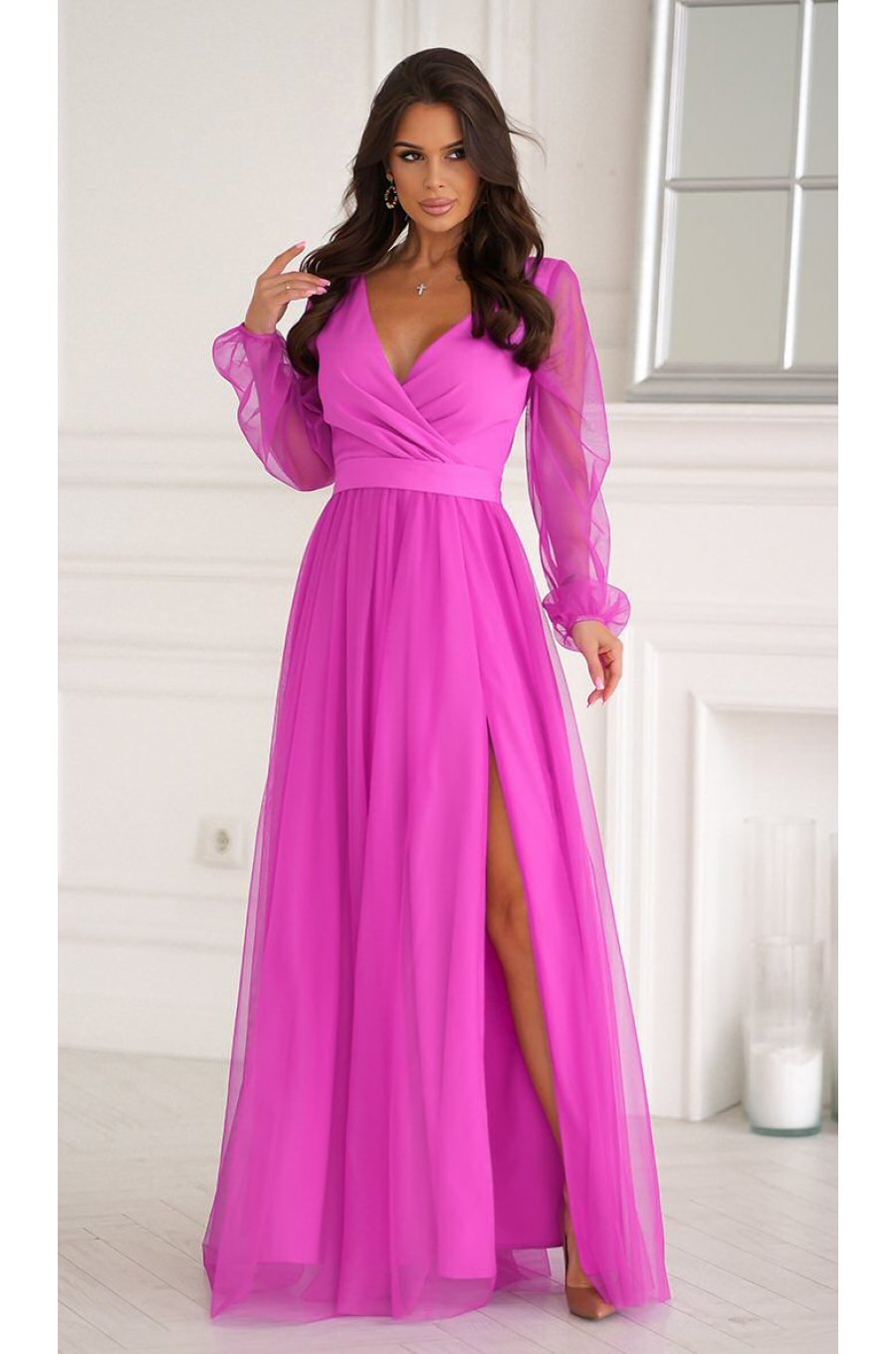 Rochie eleganta lunga roz bishop din tulle cu maneca lunga SplendorB 1 - jojofashion.ro