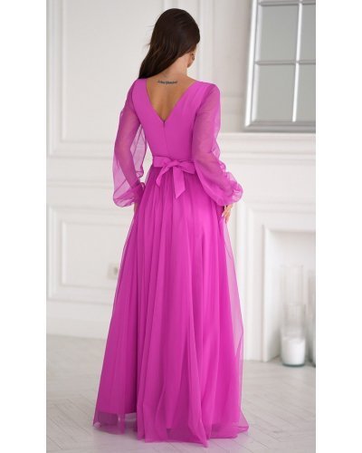 Rochie eleganta lunga roz bishop din tulle cu maneca lunga SplendorB Rochii lungi, Rochie eleganta lunga roz bishop din tulle cu maneca lunga SplendorB - jojofashion.ro