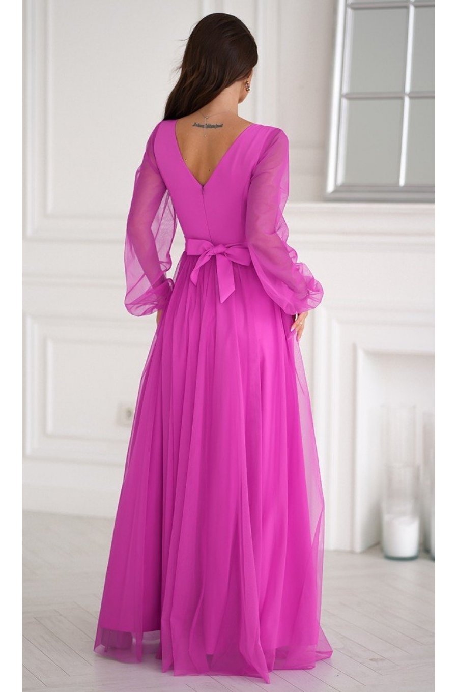 Rochie eleganta lunga roz bishop din tulle cu maneca lunga SplendorB 2 - jojofashion.ro