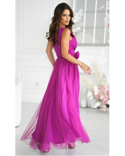 Rochie eleganta lunga roz bishop din tulle vaporoasa cu floare decorativa Dyandra Rochii, Rochie eleganta lunga roz bishop din tulle vaporoasa cu floare decorativa Dyandra - jojofashion.ro