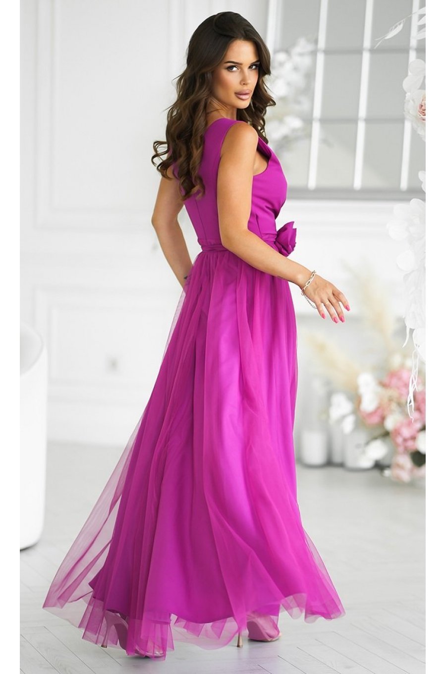 Rochie eleganta lunga roz bishop din tulle vaporoasa cu floare decorativa Dyandra 2 - jojofashion.ro