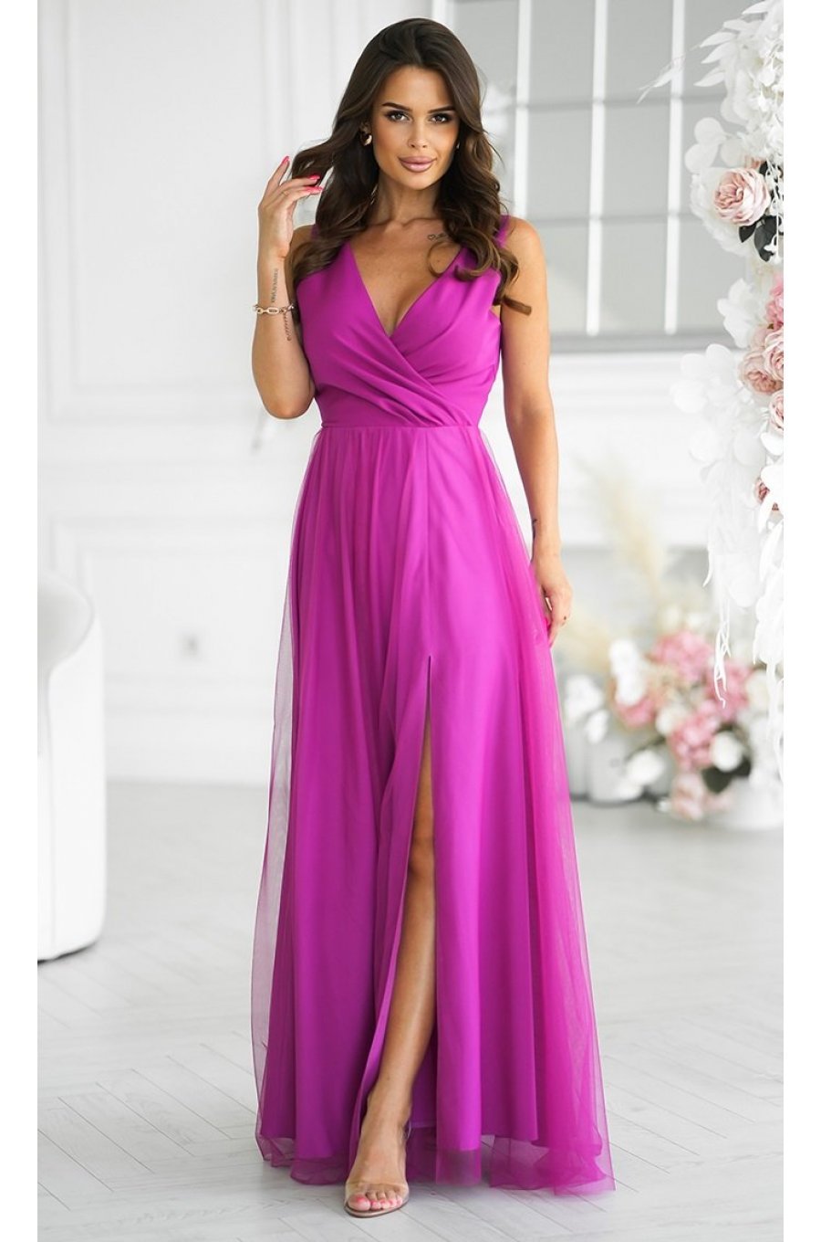Rochie eleganta lunga roz bishop din tulle vaporoasa cu floare decorativa Dyandra 3 - jojofashion.ro