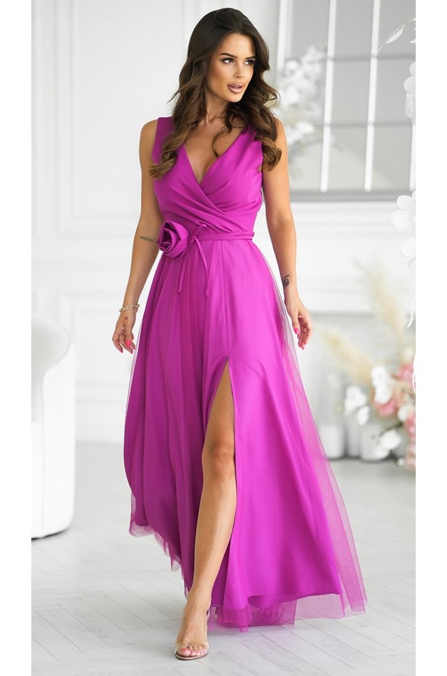 Rochie eleganta lunga roz bishop din tulle vaporoasa cu floare decorativa Dyandra 4 - jojofashion.ro