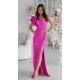 Rochie eleganta lunga roz fucsia cu un umar gol cu volan si pene Reyna 2 - jojofashion.ro