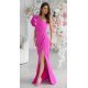Rochie eleganta lunga roz fucsia cu un umar gol cu volan si pene Reyna 3 - jojofashion.ro