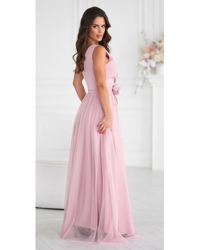 Rochie eleganta lunga roz prafuit din tulle cu floare decorativa vaporoasa Dyandra Rochii lungi, Rochie eleganta lunga roz prafuit din tulle cu floare decorativa vaporoasa Dyandra - jojofashion.ro
