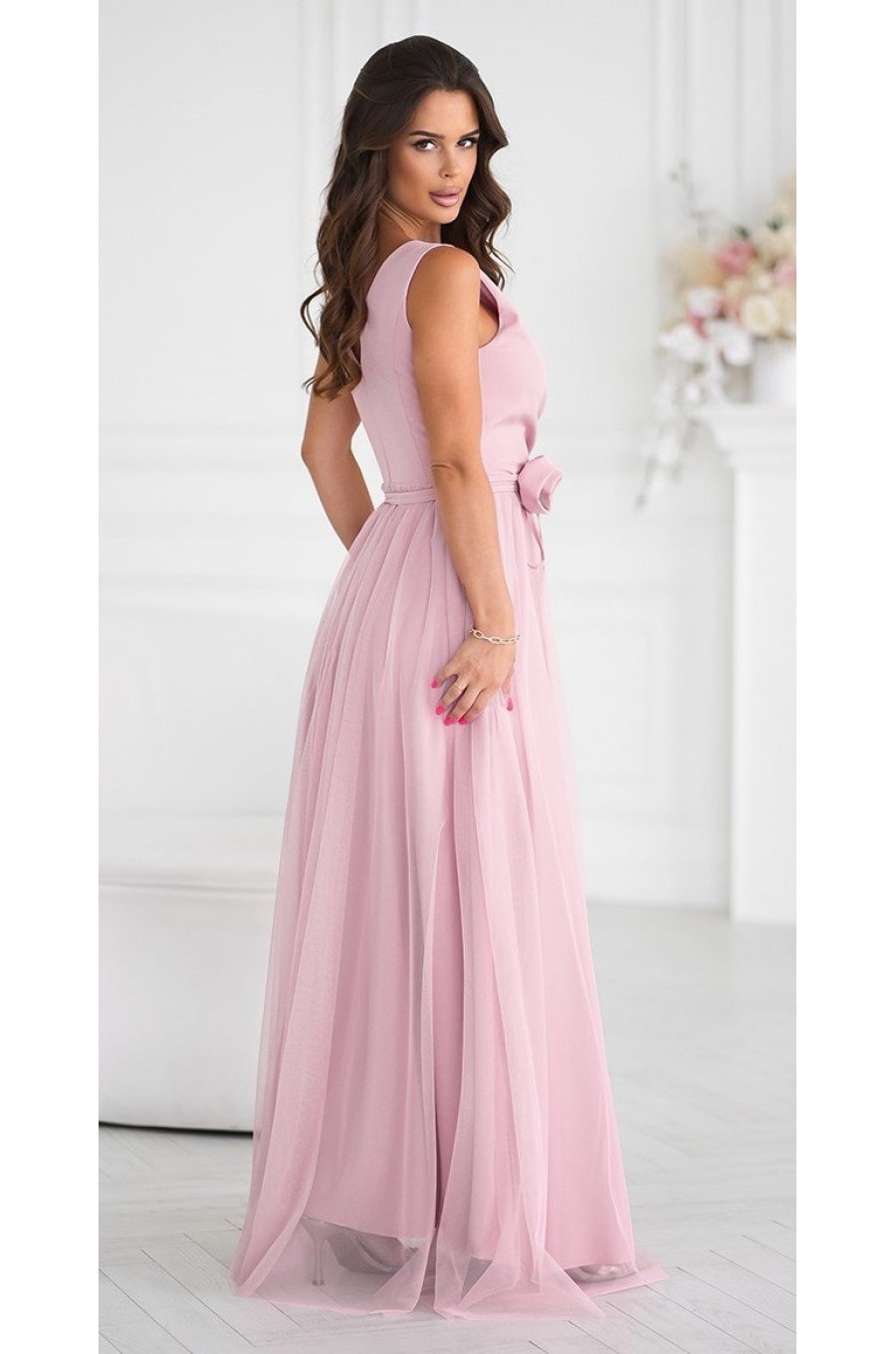 Rochie eleganta lunga roz prafuit din tulle cu floare decorativa vaporoasa Dyandra 2 - jojofashion.ro