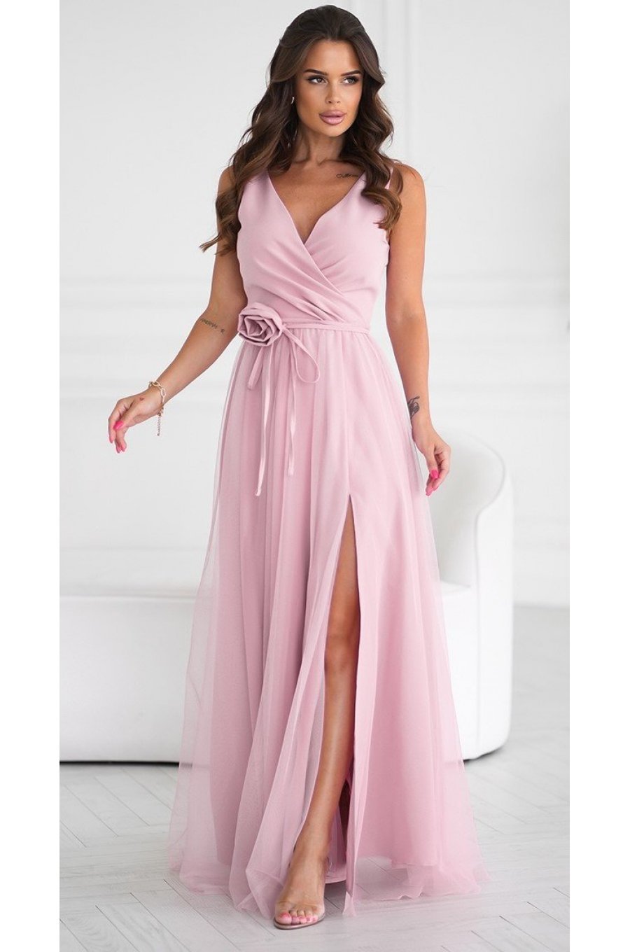Rochie eleganta lunga roz prafuit din tulle cu floare decorativa vaporoasa Dyandra 6 - jojofashion.ro