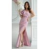 Rochie eleganta lunga roz prafuit cu un umar gol cu volan si pene Reyna