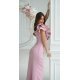 Rochie eleganta lunga roz prafuit cu un umar gol cu volan si pene Reyna 3 - jojofashion.ro