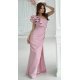 Rochie eleganta lunga roz prafuit cu un umar gol cu volan si pene Reyna 5 - jojofashion.ro