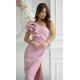 Rochie eleganta lunga roz prafuit cu un umar gol cu volan si pene Reyna 6 - jojofashion.ro