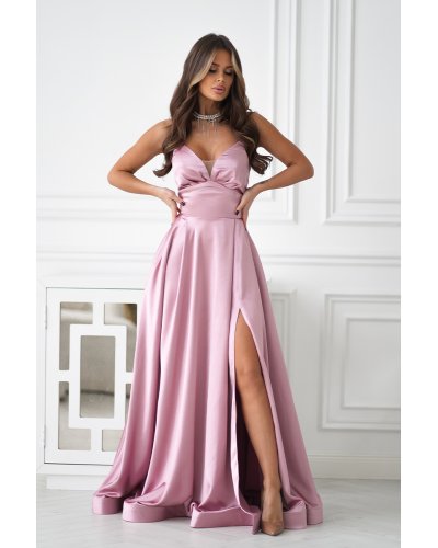 Rochii de Ocazie Elegante, Rochie eleganta lunga satin roz pudra cu bust tip corset vaporoasa Saphira - jojofashion.ro
