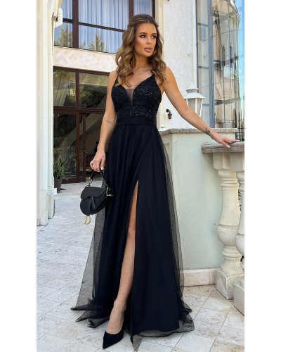 Rochie eleganta lunga neagra din tulle si dantela vaporoasa Isadora Rochii, Rochie eleganta lunga neagra din tulle si dantela vaporoasa Isadora - jojofashion.ro