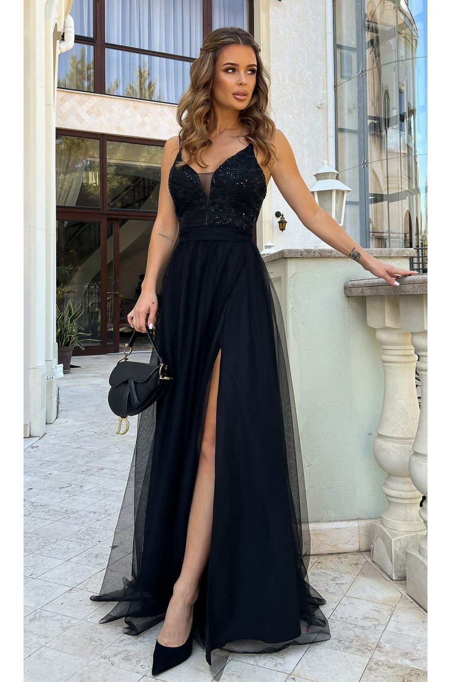 Rochie eleganta lunga neagra din tulle si dantela vaporoasa Isadora 1 - jojofashion.ro