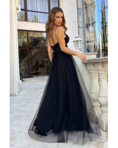 Rochie eleganta lunga neagra din tulle si dantela vaporoasa Isadora Rochii, Rochie eleganta lunga neagra din tulle si dantela vaporoasa Isadora - jojofashion.ro