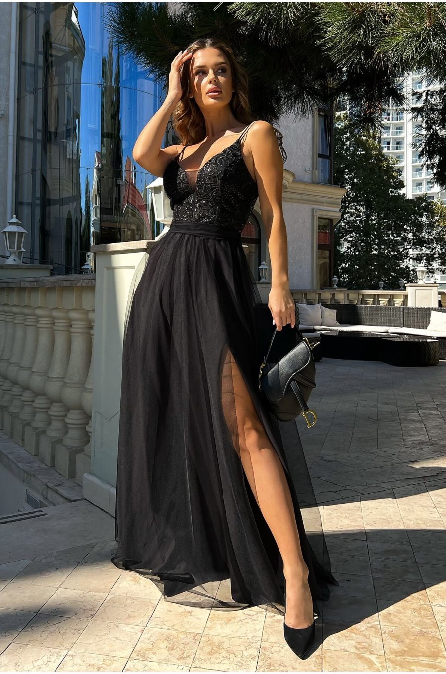 Rochie eleganta lunga neagra din tulle si dantela vaporoasa Isadora 7 - jojofashion.ro