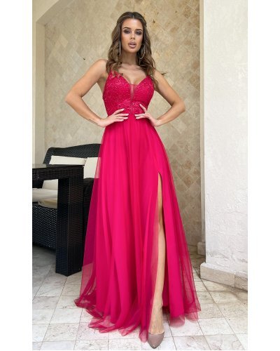 Rochie eleganta lunga roz zmeura din tulle si dantela vaporoasa Isadora Rochii de vara, Rochie eleganta lunga roz zmeura din tulle si dantela vaporoasa Isadora - jojofashion.ro