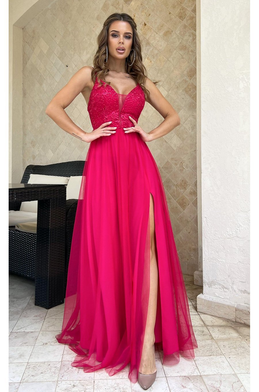Rochie eleganta lunga roz zmeura din tulle si dantela vaporoasa Isadora 1 - jojofashion.ro