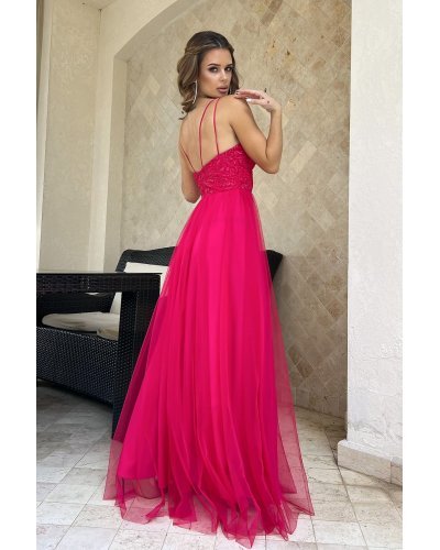 Rochie eleganta lunga roz zmeura din tulle si dantela vaporoasa Isadora Rochii de vara, Rochie eleganta lunga roz zmeura din tulle si dantela vaporoasa Isadora - jojofashion.ro