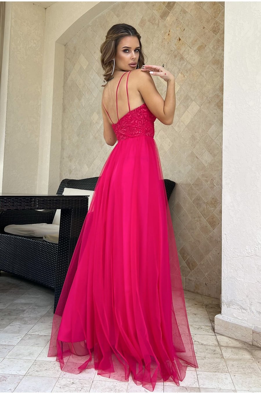 Rochie eleganta lunga roz zmeura din tulle si dantela vaporoasa Isadora 2 - jojofashion.ro