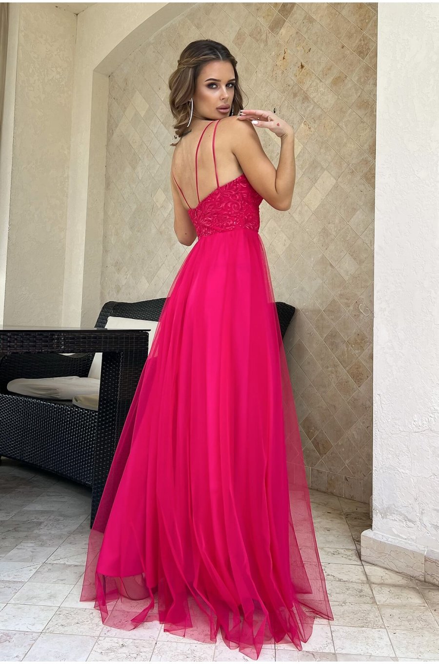 Rochie eleganta lunga, tulle si dantela, roz zmeura, vaporoasa, Isadora 2 - jojofashion.ro