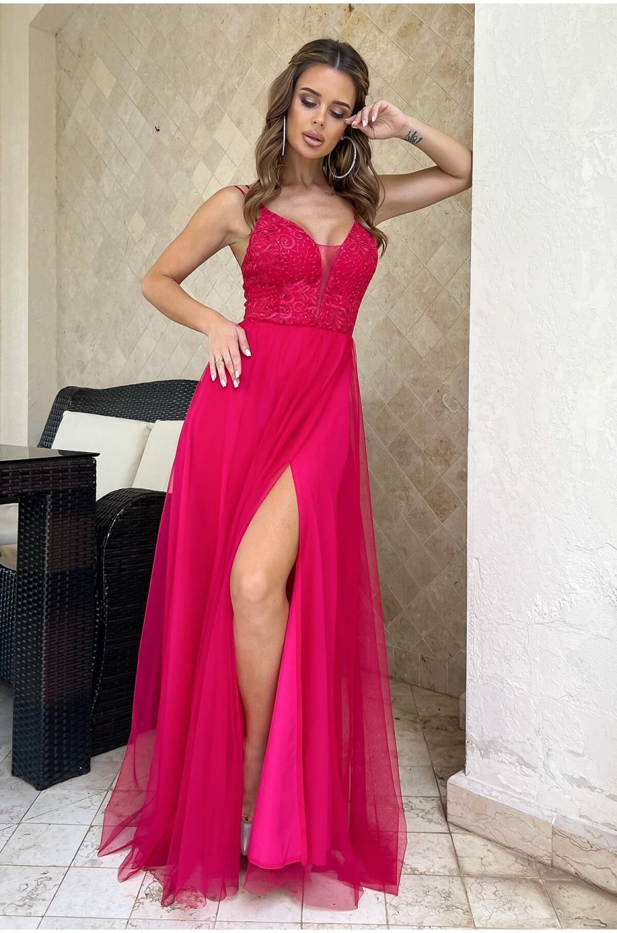 Rochie eleganta lunga, tulle si dantela, roz zmeura, vaporoasa, Isadora 4 - jojofashion.ro