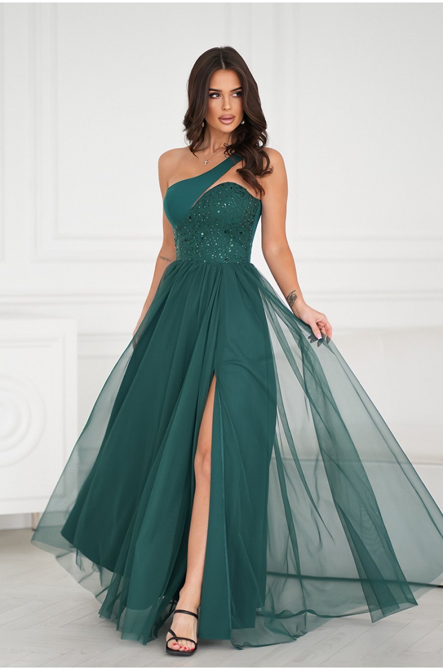 Rochie eleganta lunga verde cu tulle si paiete vaporoasa Louanna 1 - jojofashion.ro