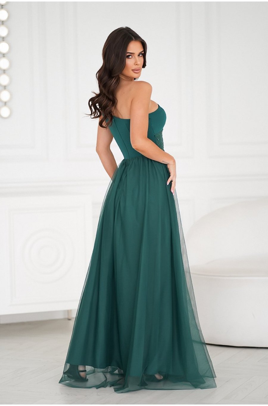 Rochie eleganta lunga verde cu tulle si paiete vaporoasa Louanna 2 - jojofashion.ro