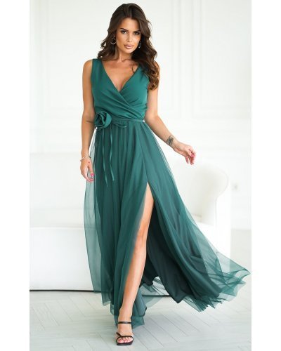 Rochie eleganta lunga verde vaporoasa din tulle cu floare decorativa Dyandra Rochii, Rochie eleganta lunga verde vaporoasa din tulle cu floare decorativa Dyandra - jojofashion.ro