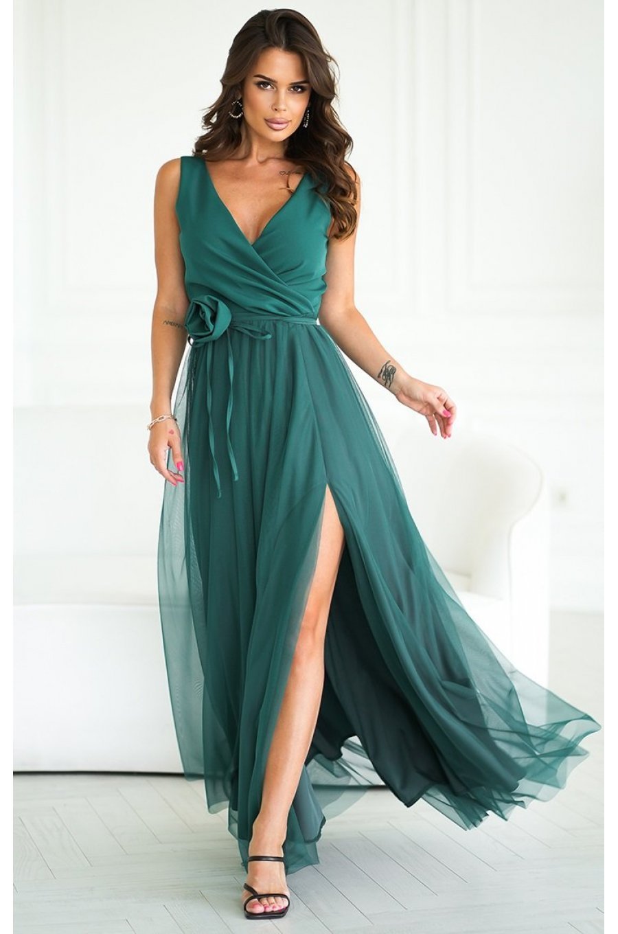 Rochie eleganta lunga verde vaporoasa din tulle cu floare decorativa Dyandra 1 - jojofashion.ro