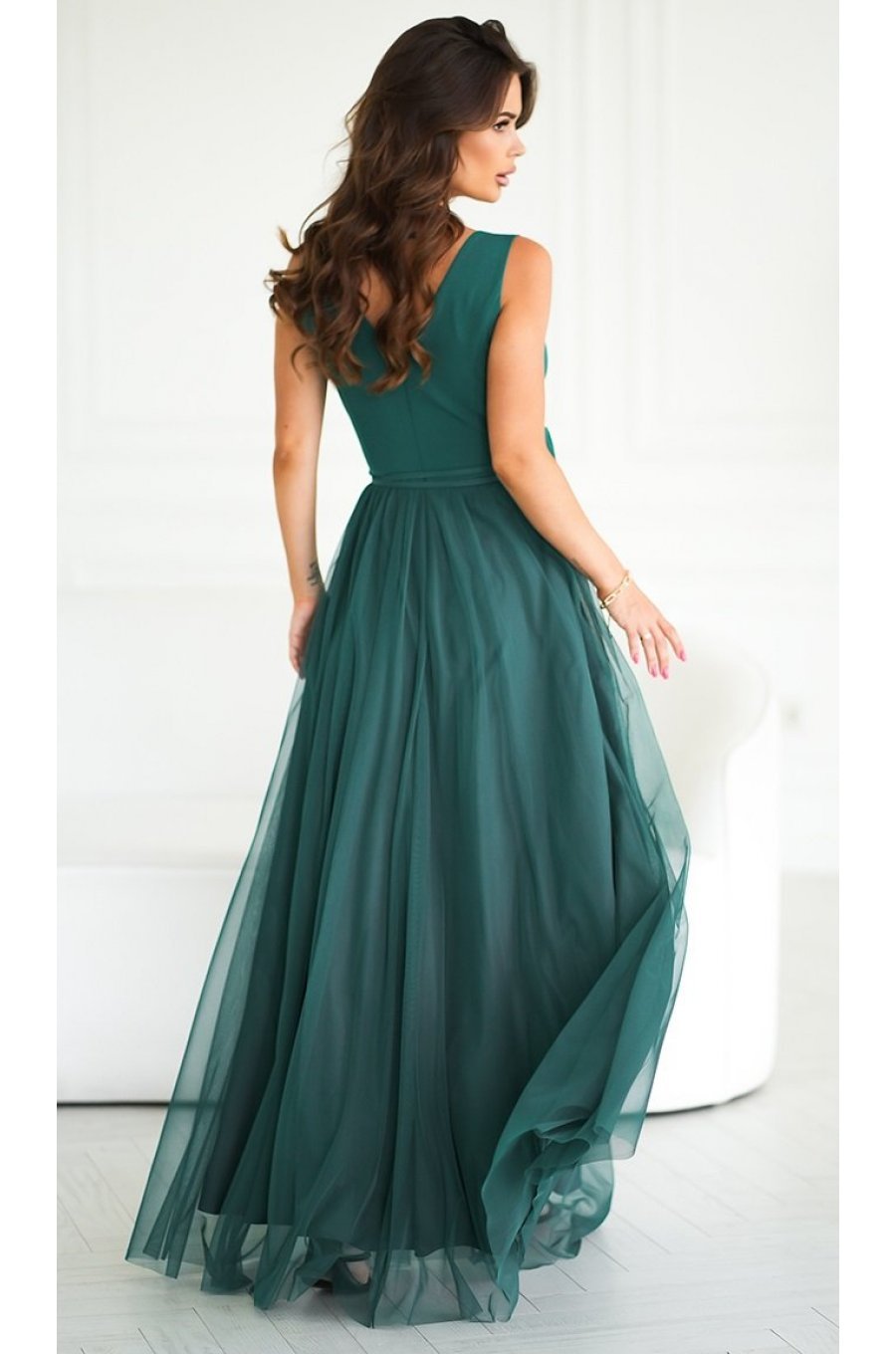 Rochie eleganta lunga verde vaporoasa din tulle cu floare decorativa Dyandra 2 - jojofashion.ro