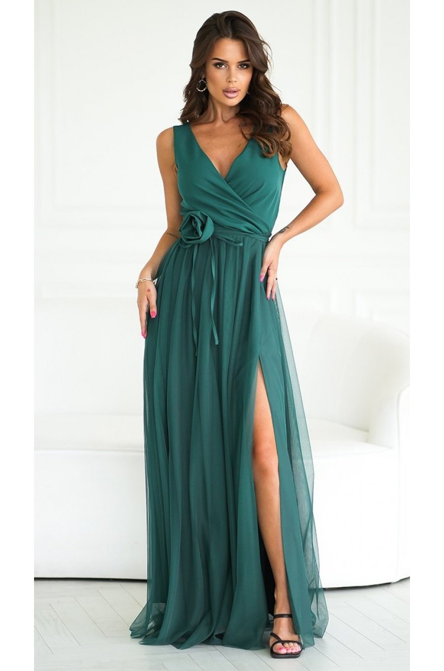 Rochie eleganta lunga verde vaporoasa din tulle cu floare decorativa Dyandra 3 - jojofashion.ro