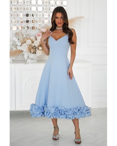 Rochii domnisoare de onoare, Rochie eleganta midi bleu cu volan tridimensional Jasmina - jojofashion.ro