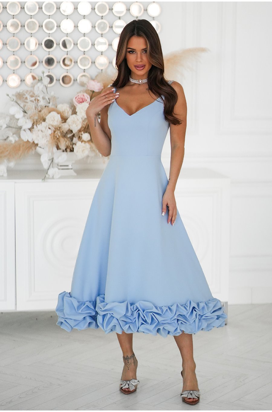 Rochie eleganta midi bleu cu volan tridimensional Jasmina 1 - jojofashion.ro
