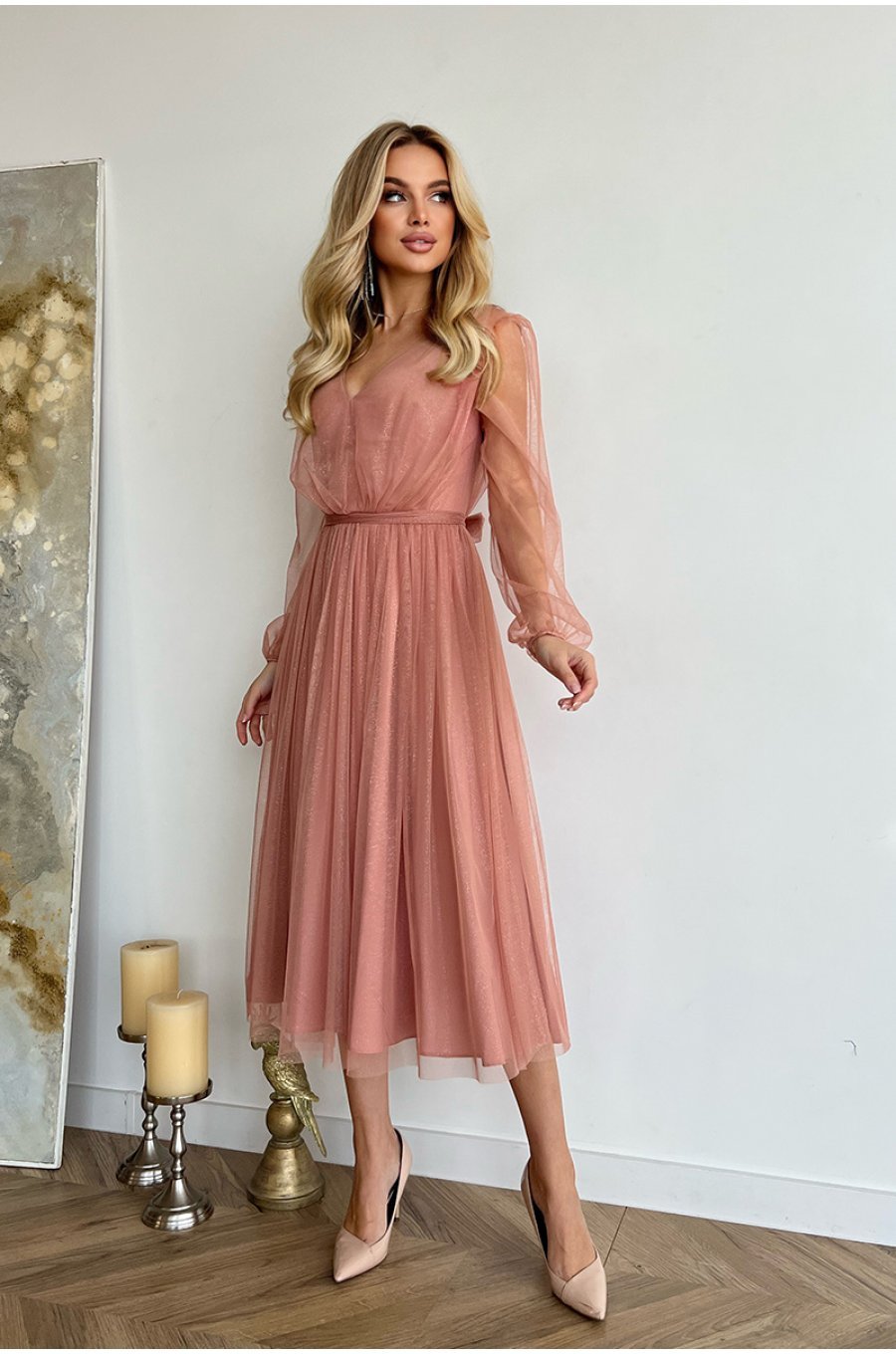 Rochie eleganta midi, din tul cu glitter, roz nude, evazata, cu maneca lunga, Petra 4 - jojofashion.ro