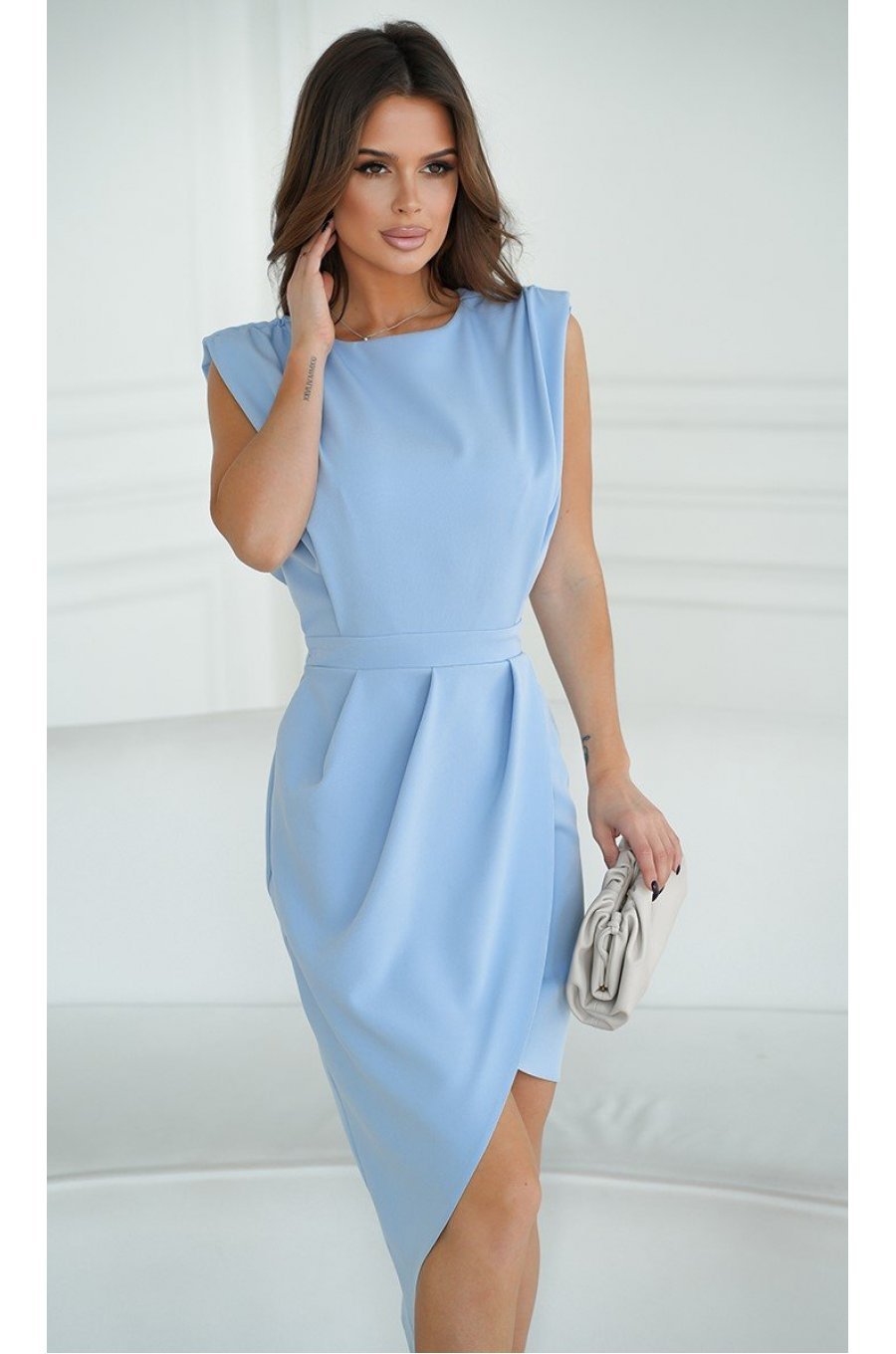 Rochie eleganta midi, din vascoza, bleu, asimetrica, Monalisa 1 - jojofashion.ro