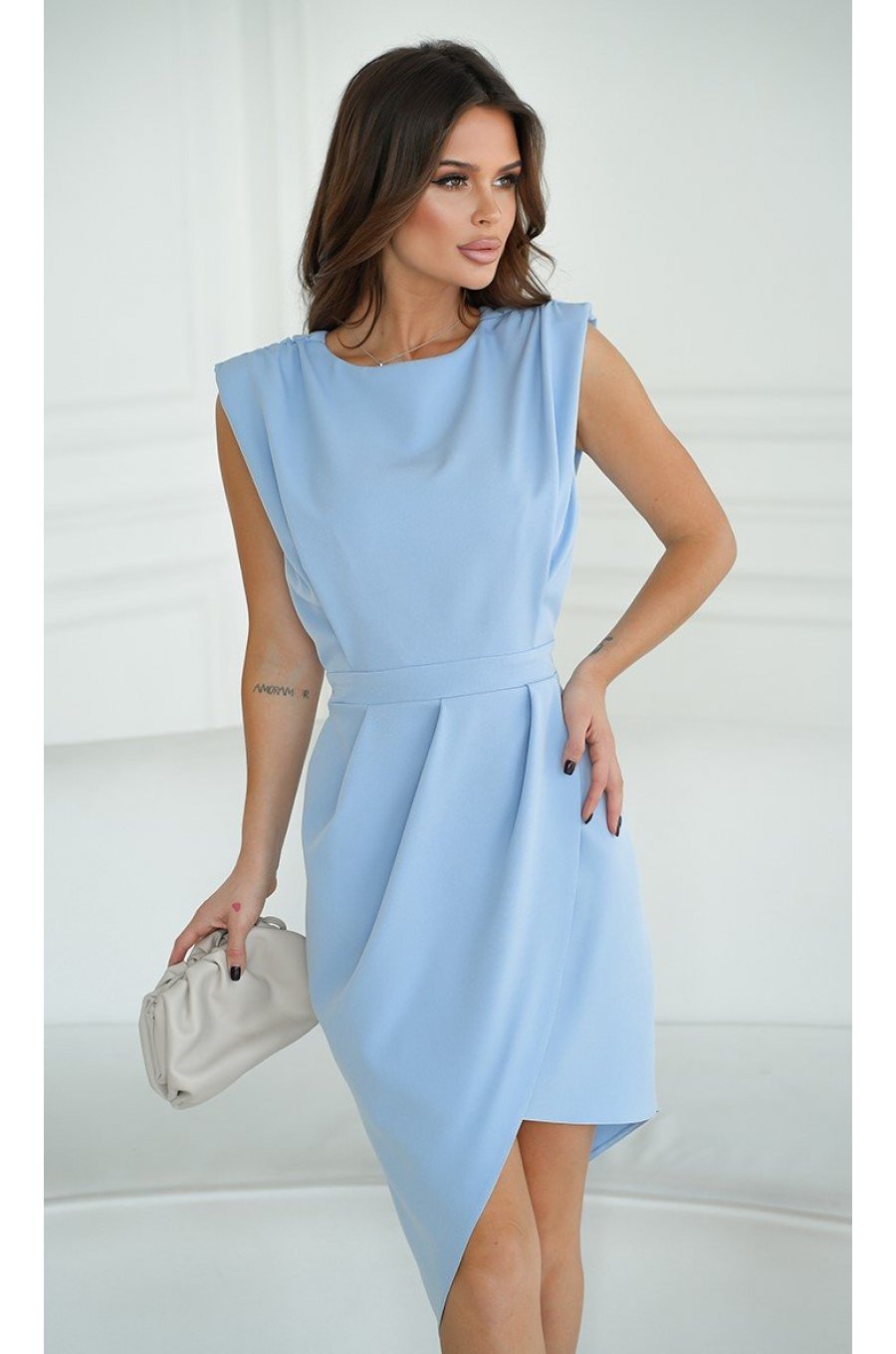 Rochie eleganta midi, din vascoza, bleu, asimetrica, Monalisa 3 - jojofashion.ro