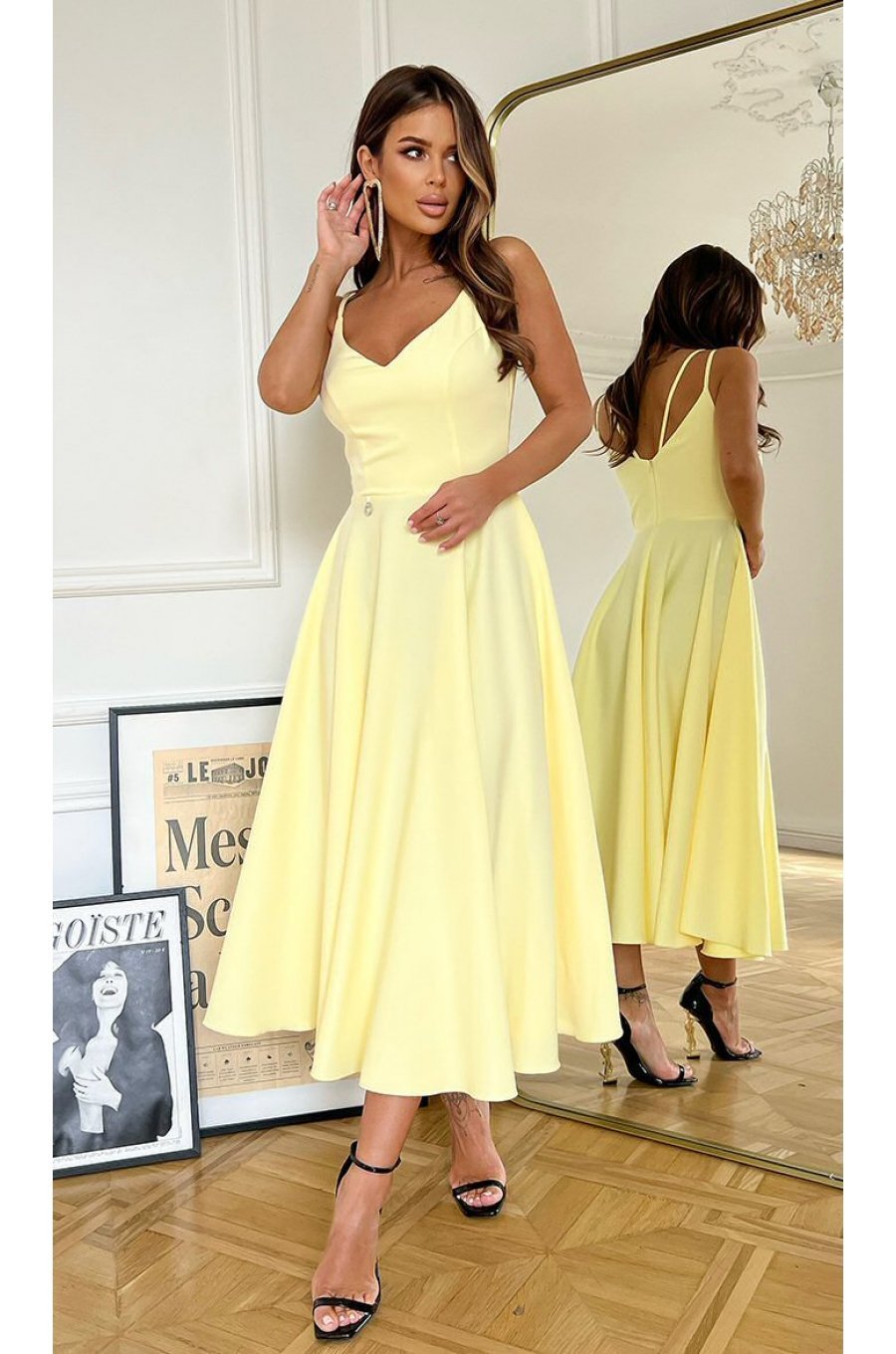 Rochie eleganta midi in clos retro galbena Fabiola 2 - jojofashion.ro