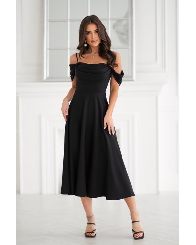 Rochie eleganta midi neagra baby doll cu umerii goi evazata Anelisa Rochii midi, Rochie eleganta midi neagra baby doll cu umerii goi evazata Anelisa - jojofashion.ro