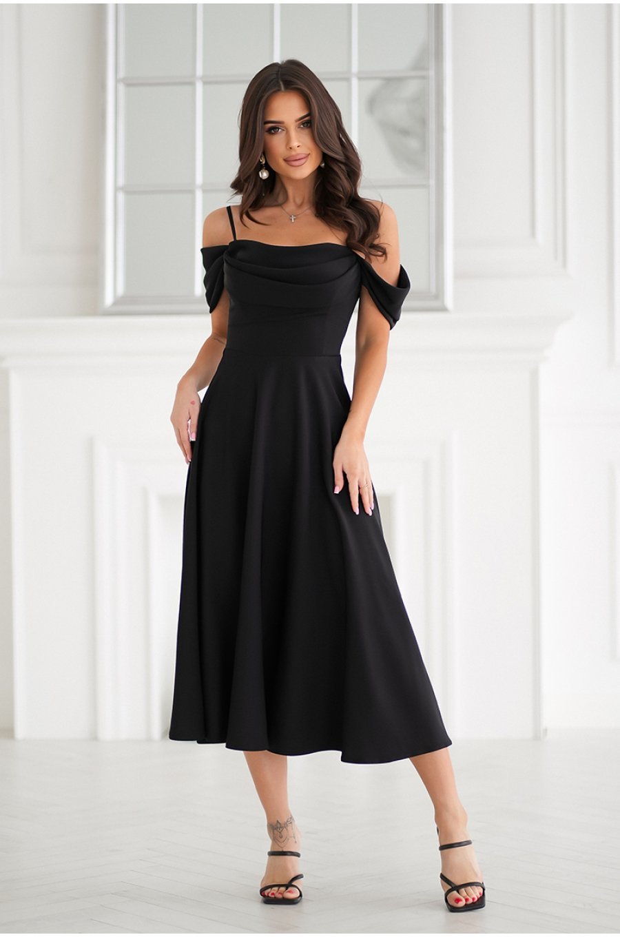 Rochie eleganta midi neagra baby doll cu umerii goi evazata Anelisa 1 - jojofashion.ro